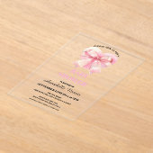Coquette Pink Bow Ribbon Girl Baby Shower アクリル招待状 (レイダウン)