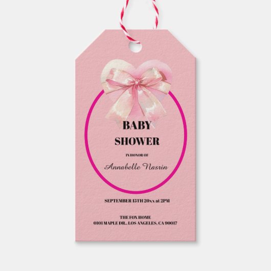 Coquette Pink Bow Ribbon Girl Baby Shower ギフトタグ (正面)