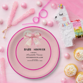 Coquette Pink Bow Ribbon Girl Baby Shower ペーパープレート