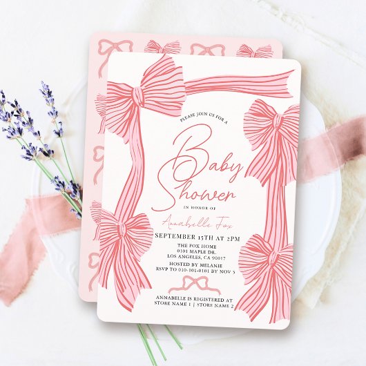 Coquette Pink Bow/Ribbon Girl Baby Shower 招待状