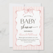 Coquette Pink Bow Stripe Girl Baby Shower 招待状 (正面)
