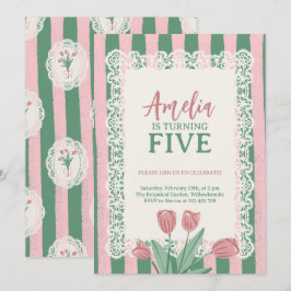 Coquette Pink Bow Vintage Tulip Any Age Birthday 招待状