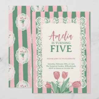Coquette Pink Bow Vintage Tulip Any Age Birthday 招待状