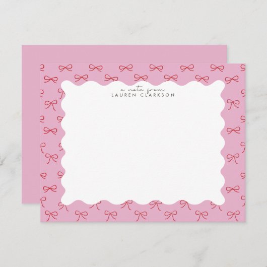 Coquette Pink Bow Wavy Border Note card 招待状 (正面/裏面)