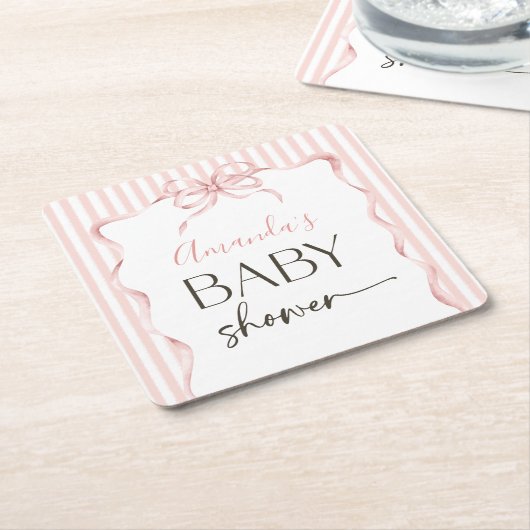 Coquette Pink Bow Wavy Stripe Girl Baby Shower スクエアペーパーコースター (アングル)