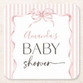 Coquette Pink Bow Wavy Stripe Girl Baby Shower スクエアペーパーコースター (正面)