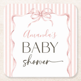 Coquette Pink Bow Wavy Stripe Girl Baby Shower スクエアペーパーコースター