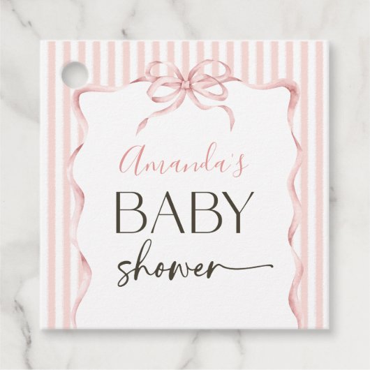 Coquette Pink Bow Wavy Stripe Girl Baby Shower フェイバータグ (正面)