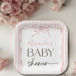 Coquette Pink Bow Wavy Stripe Girl Baby Shower ペーパープレート