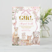 Coquette pink bow woodland animals baby shower 招待状 (スタンド正面)