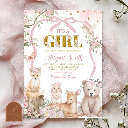Coquette pink bow woodland animals baby shower 招待状