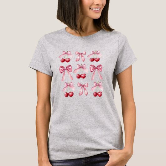 Coquette Pink Bows and Cherries Watercolor Aesthet Tシャツ (正面)