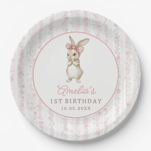 Coquette Pink Bunny Birthday Party Paper Plates ペーパープレート (正面)