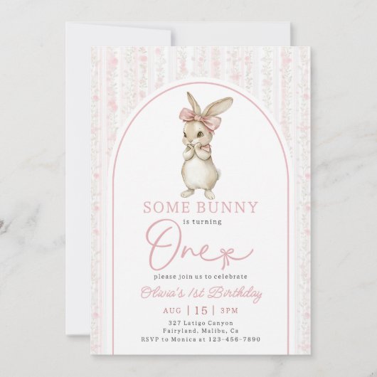 Coquette Pink Bunny Rabbit 1st Birthday Invitation 招待状 (正面)