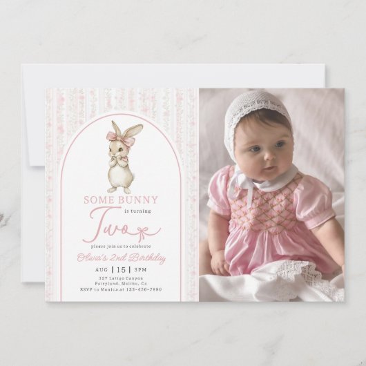 Coquette Pink Bunny Rabbit 2nd Birthday Invitation 招待状 (正面)