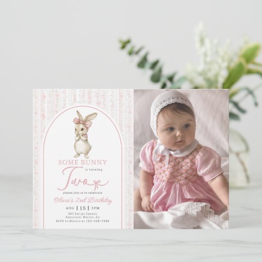 Coquette Pink Bunny Rabbit 2nd Birthday Invitation 招待状 (スタンド正面)