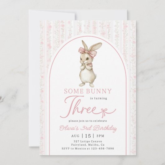 Coquette Pink Bunny Rabbit 3rd Birthday Invitation 招待状 (正面)