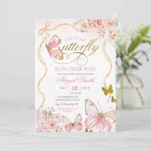 Coquette Pink Butterfly Baby Shower 招待状 (スタンド正面)