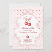 Coquette Pink Cherry On Top Girl 1st Birthday 招待状 (正面)