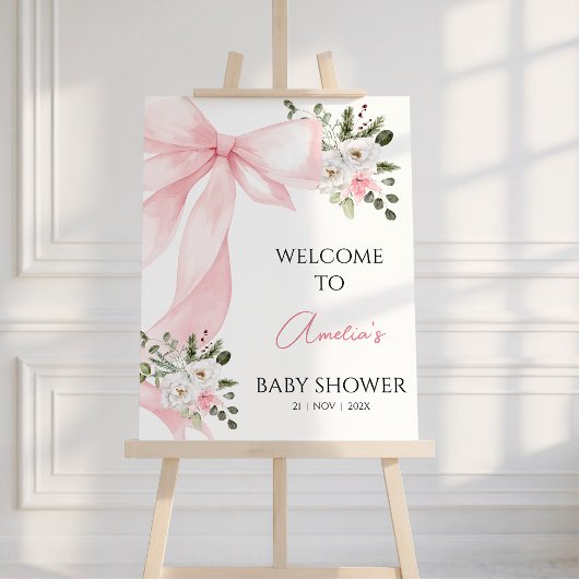 Coquette Pink Floral Bow Baby Shower Welcome Sign フォトプリント