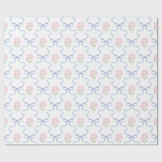 Coquette Pink Forget-Me-Nots Blue Bow Trellis ラッピングペーパー (フラット)