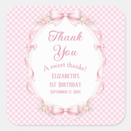 Coquette Pink Gingham Bow First Birthday Thank You スクエアシール