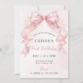 Coquette Pink Lace Bow Girl First Birthday 招待状 (正面)