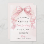 Coquette Pink Lace Bow Girl First Birthday 招待状 (正面/裏面)