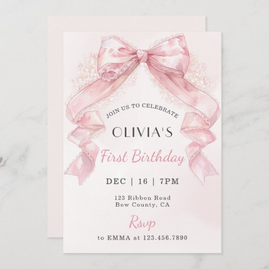 Coquette Pink Lace Bow Girl First Birthday 招待状 (正面/裏面)