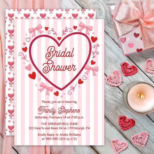 Coquette Pink | Red Hearts and Bows Bridal Shower 招待状