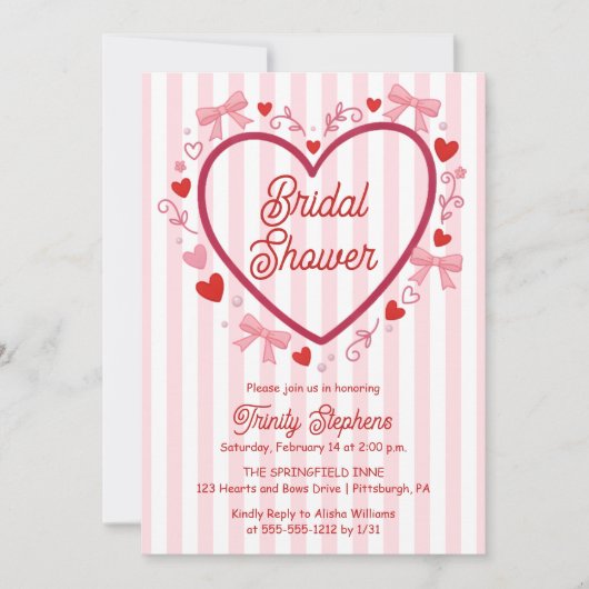 Coquette Pink | Red Hearts and Bows Bridal Shower 招待状 (正面)