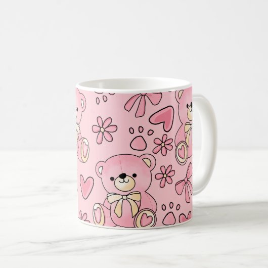 Coquette Pink Teddy Bear Seamless Pattern コーヒーマグカップ (正面右)