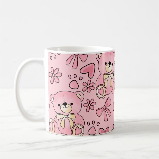 Coquette Pink Teddy Bear Seamless Pattern コーヒーマグカップ (左)
