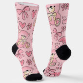  Coquette Pink Teddy Bear Seamless Pattern ソックス (傾斜あり)