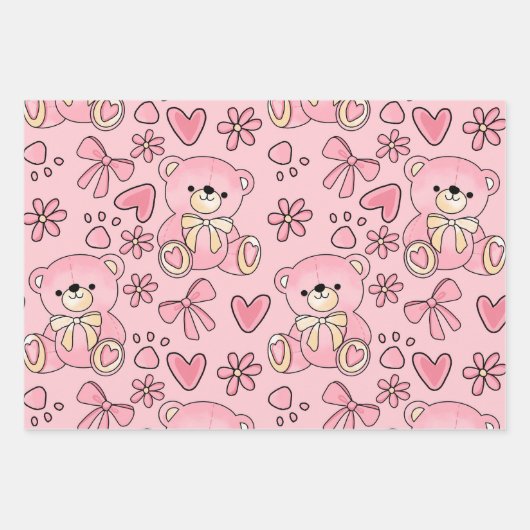 Coquette Pink Teddy Bear Seamless Pattern ラッピングペーパーシート (正面)