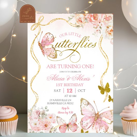 Coquette Pink Twin Butterflies Birthday 招待状