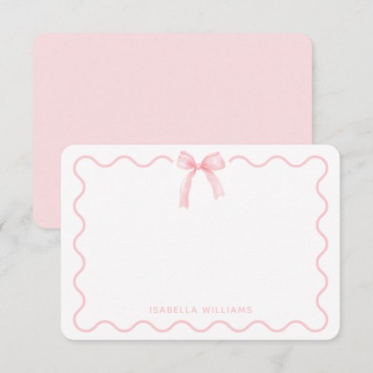 Coquette Pink Watercolor Bow Personalized Note ノートカード (正面/裏面)