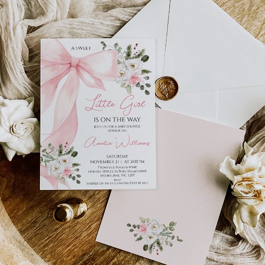 Coquette Pink Winter Floral Bow Baby Shower 招待状