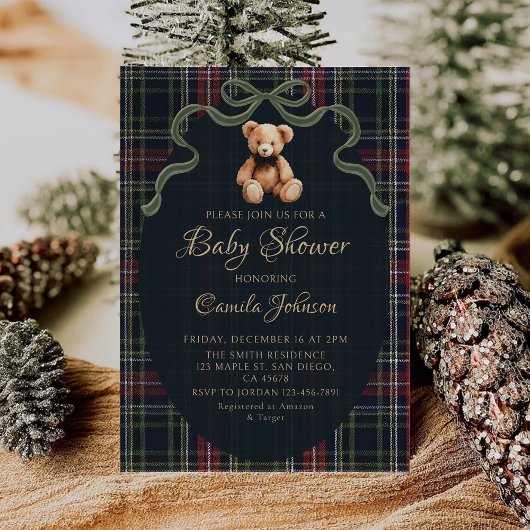 Coquette Plaid Teddy Bear Baby Shower Invitation 招待状