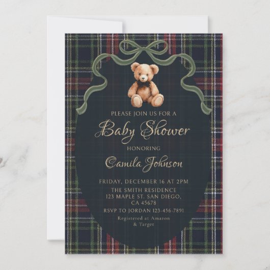 Coquette Plaid Teddy Bear Baby Shower Invitation 招待状 (正面)