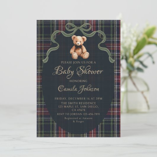 Coquette Plaid Teddy Bear Baby Shower Invitation 招待状 (スタンド正面)