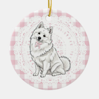 Coquette Pomeranian Dog Pink Gingham Bows セラミックオーナメント