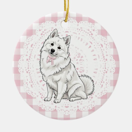 Coquette Pomeranian Dog Pink Gingham Bows セラミックオーナメント (正面)