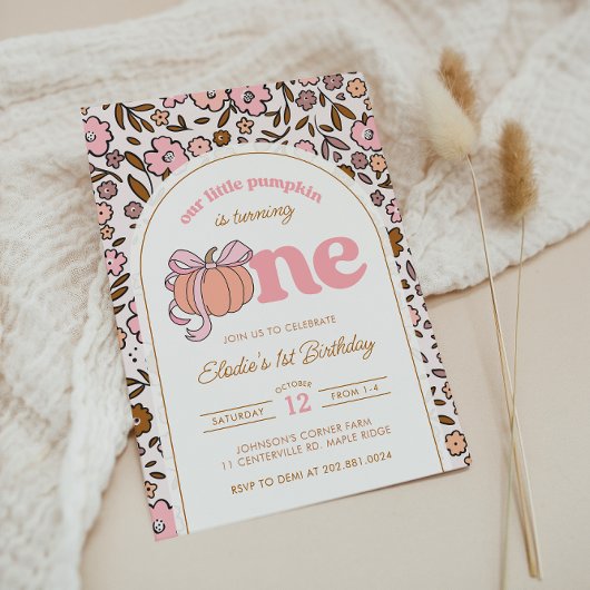 Coquette Pumpkin Fall Floral 1st Birthday 招待状