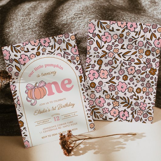 Coquette Pumpkin Fall Floral 1st Birthday 招待状