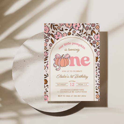 Coquette Pumpkin Fall Floral 1st Birthday 招待状