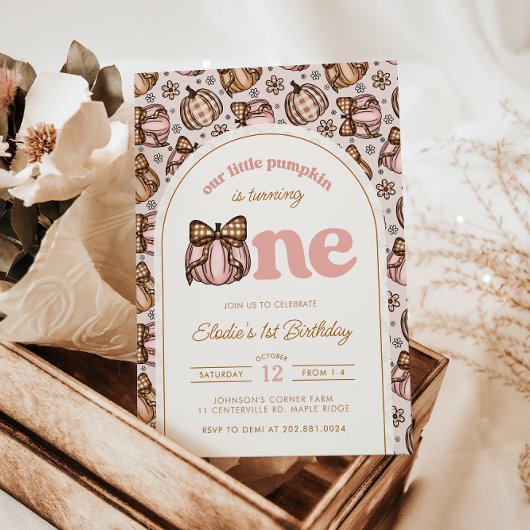 Coquette Pumpkin Gingham Fall Floral 1st Birthday 招待状