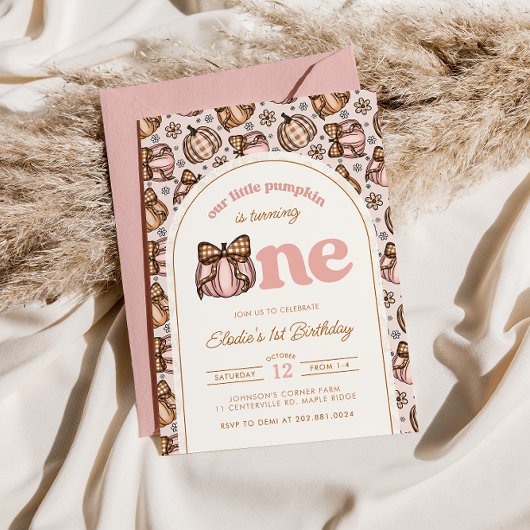 Coquette Pumpkin Gingham Fall Floral 1st Birthday 招待状