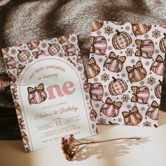 Coquette Pumpkin Gingham Fall Floral 1st Birthday 招待状