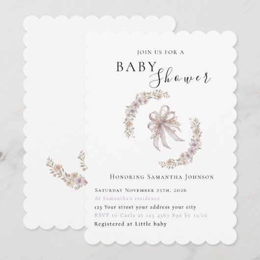 Coquette purple bow baby shower Invitation  招待状 (正面/裏面)